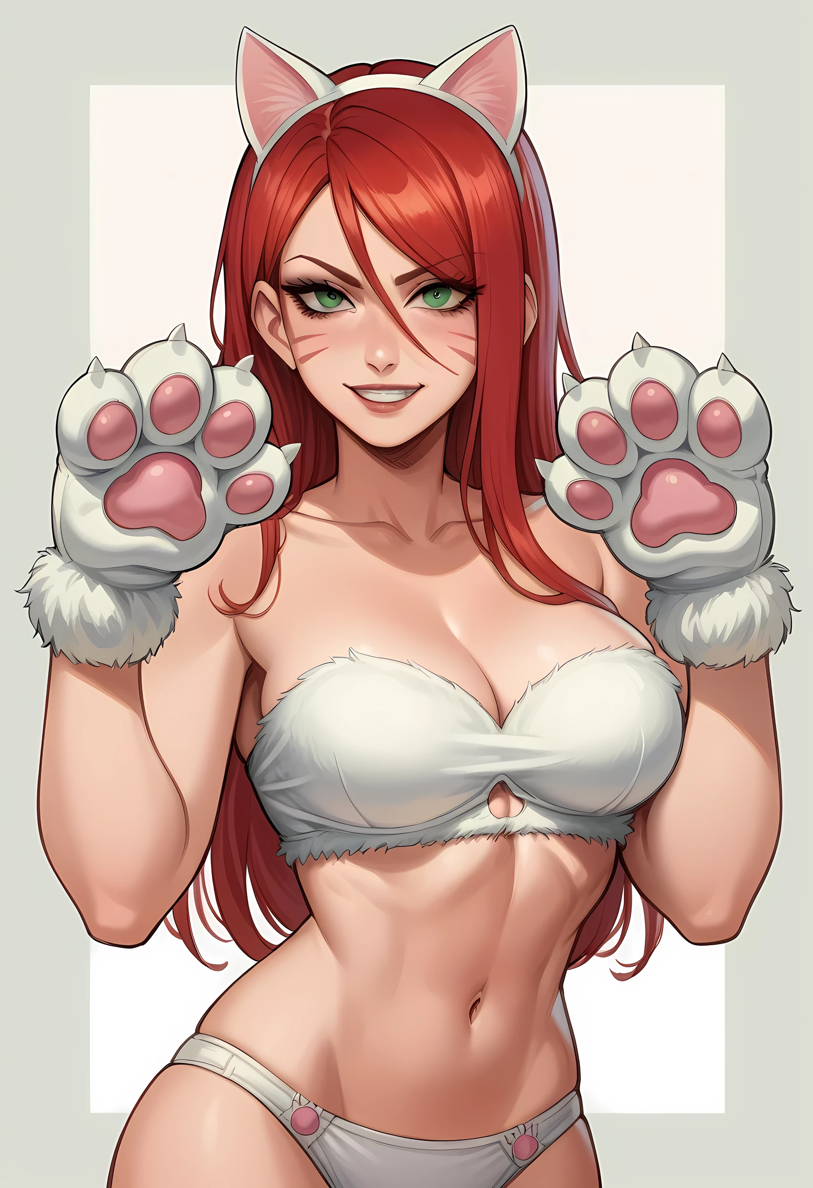 masterpiece, best quality, ultra-detailed, illustration, colorful, flat color, depth of field, 1girl, kitty cat katarina, fake cat ears, red hair, green eyes, face cat whisker markings, anime, closeup, upper body, fur trim, white strapless bra, cleavage, open shoulders, navel, white panties, cat paw gloves, simple background, short height, detailed skin texture, beautiful detailed face, white teeth, seductive grin, looking at viewer, alluring attire, collarbone, fit, large breasts