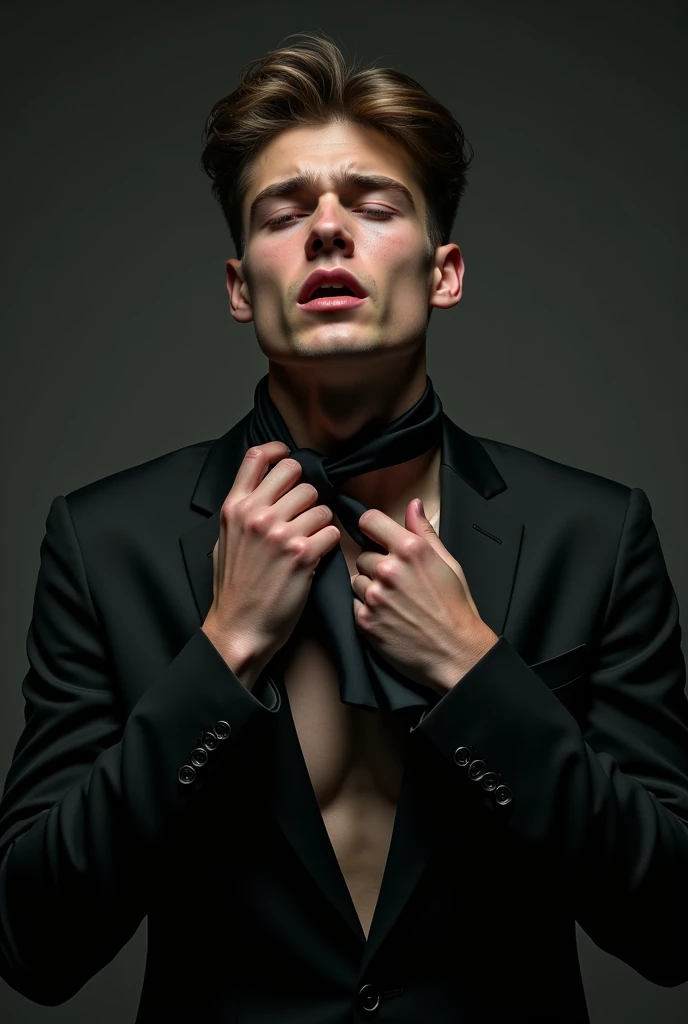 A very wide satin black tie constricts tightly like a boa constrictor, snake, It takes your breath away, It causes severe suffocation, wraps, It chokes the young, Thin, courageous, a pale, An American, handsome, very wet and sweaty, the exhausted, The young man's beautiful face expresses the pain of suffocation, He's choking, It pulls your hands to your throat, the young man is dressed in a sweaty black men's suit, The youth's torso, struggle