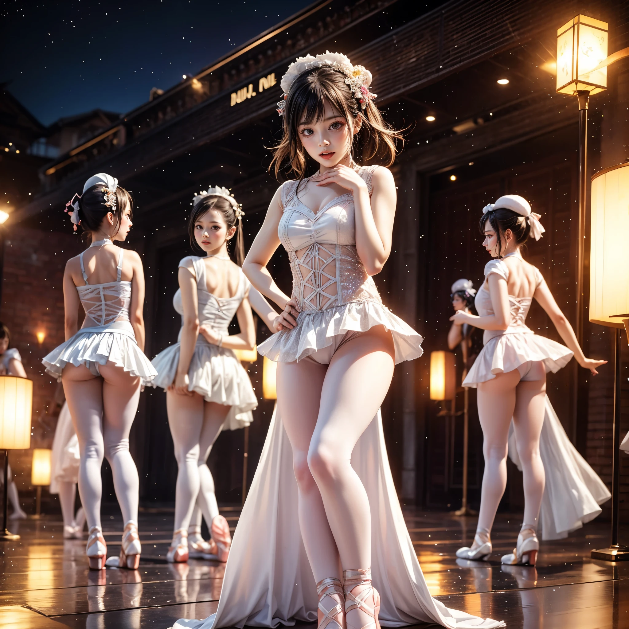 SFW, ExtremelyDetailed (((Kawaii Ballet Girls Group in a row:1.37))), Childish perfect face, Reflective Eyes, Detailed(Delicate Clothing textures), corrected hand, Dynamic Joyful Expressions LifeLike Rendering, (Specular Reflection:0.2), TopQuality 8K Ultra-detailed masterpiece (Professional REAL CG:1.37), (Acutance:0.8), (Luminism:1.28), ( Colorful Light particles:0.75), (Muscle:-0.5), facing away (from side ) (Clearly visible Beautiful hip shape)