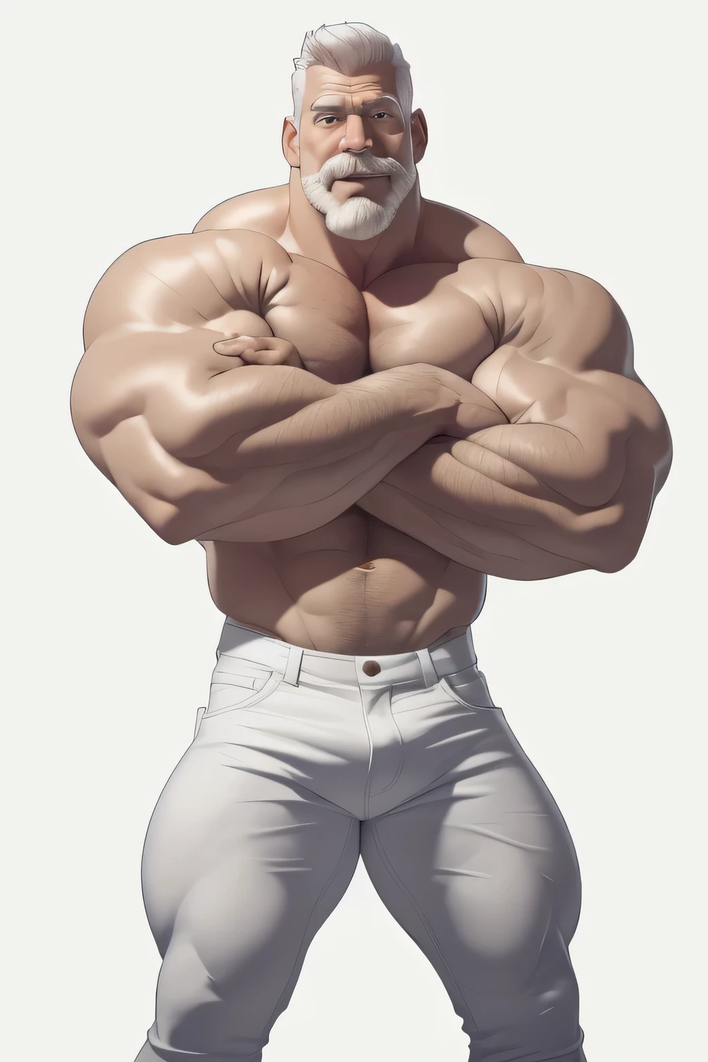 masterpiece, handsome , clear face and eyes, best quality, muscular, bara, 50 years old male, white beard and mustache,shirtless, large pectorals,wearing white jeans,huge arms and hands, thick eyebrows,white background