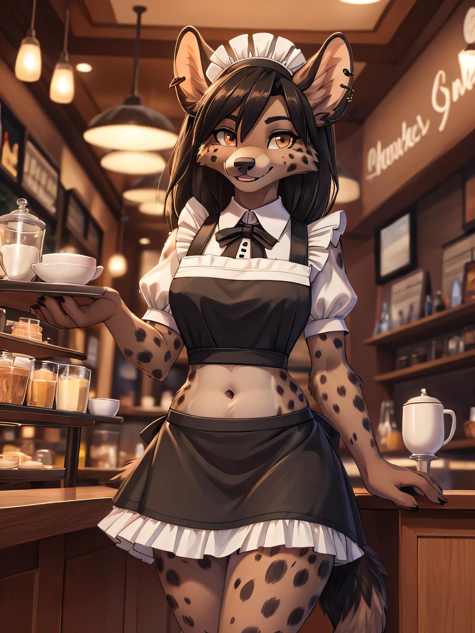 a female anthro furry hyena girl, black hair, hyena spots, black hands and feet, brown eyes, high definition_detail:1, showing off her beautiful figure and her outfit. (Maid navel blouse, maid mini skirt)sweaty body add_details:1, smiling add_detailsl:1, ear piercing add_detail:1, beautiful and detaileds hands, fullbody, in a coffeshop