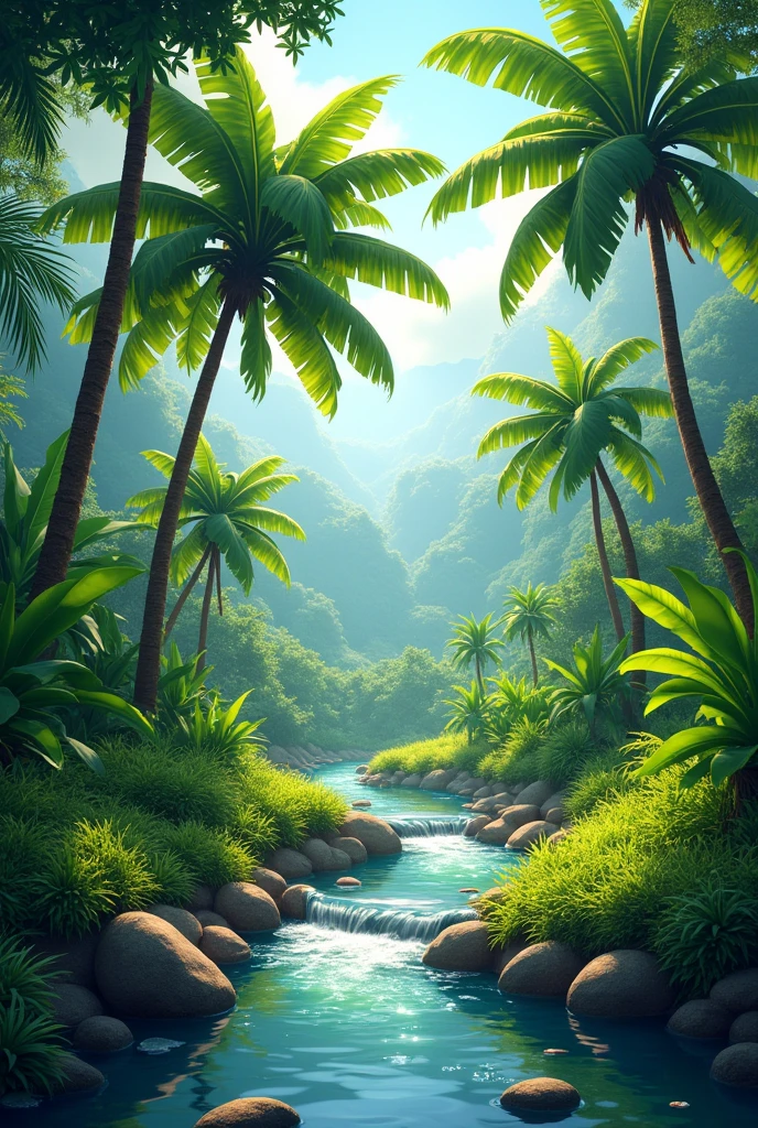 Arecanut tree farm with banana tree and small water flow after rain