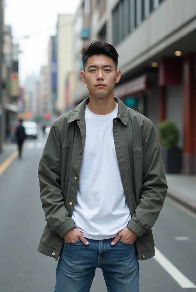 A Korean man standing in a street white shirt jeans pant and jacket, buzz cut, very Short hair, 1 inch hair with short Comma hair cuve, C curve on forehead