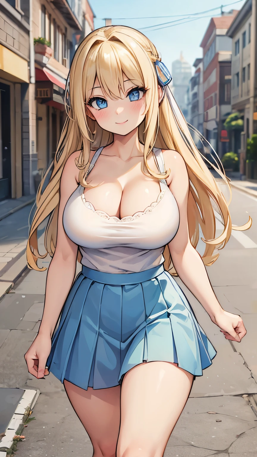 (best quality:1.2), (masterpiece), 1 girl, 24 years old, solo, half body, long blonde hair, bangs, large breasts, cleavage, curvy:0.6, blue eyes, (blush), (smile), white top, blue skirt, walking in the street, natural light