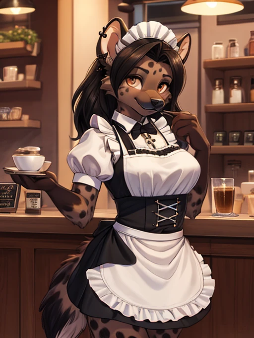 a female anthro furry hyena girl, black hair, hyena spots, black hands and feet, brown eyes, high definition_detail:1, showing off her beautiful figure and her outfit. (Maid navel blouse, maid mini skirt)sweaty body add_details:1, smiling add_detailsl:1, ear piercing add_detail:1, beautiful and detaileds hands, fullbody, in a coffeshop, vista desde abajo