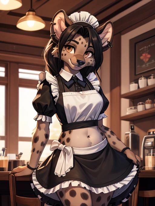 a female anthro furry hyena girl, black hair, hyena spots, black hands and feet, brown eyes, high definition_detail:1, showing off her beautiful figure and her outfit. (Maid navel blouse, maid mini skirt)sweaty body add_details:1, smiling add_detailsl:1, ear piercing add_detail:1, beautiful and detaileds hands, fullbody, in a coffeshop, vista desde abajo