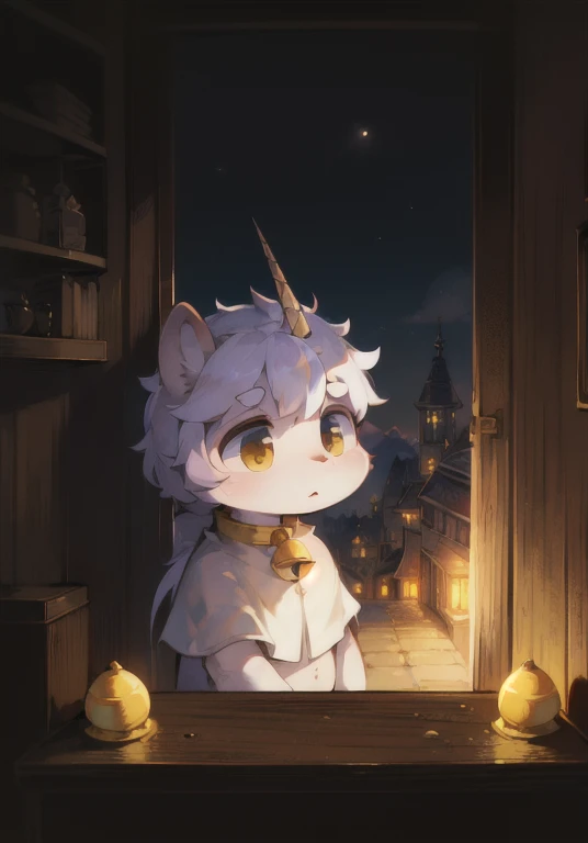 masterpiece, High quality portrait, 3D realistic CG, 16K, Dramatic Lighting, Intricate details, Dough, anthropology, hairy, white hairy, (cub), Only child boy, site, night, Vista, White cape，Yellow bell on collar, Unicorn in hair, White ears, (From kekitopu)