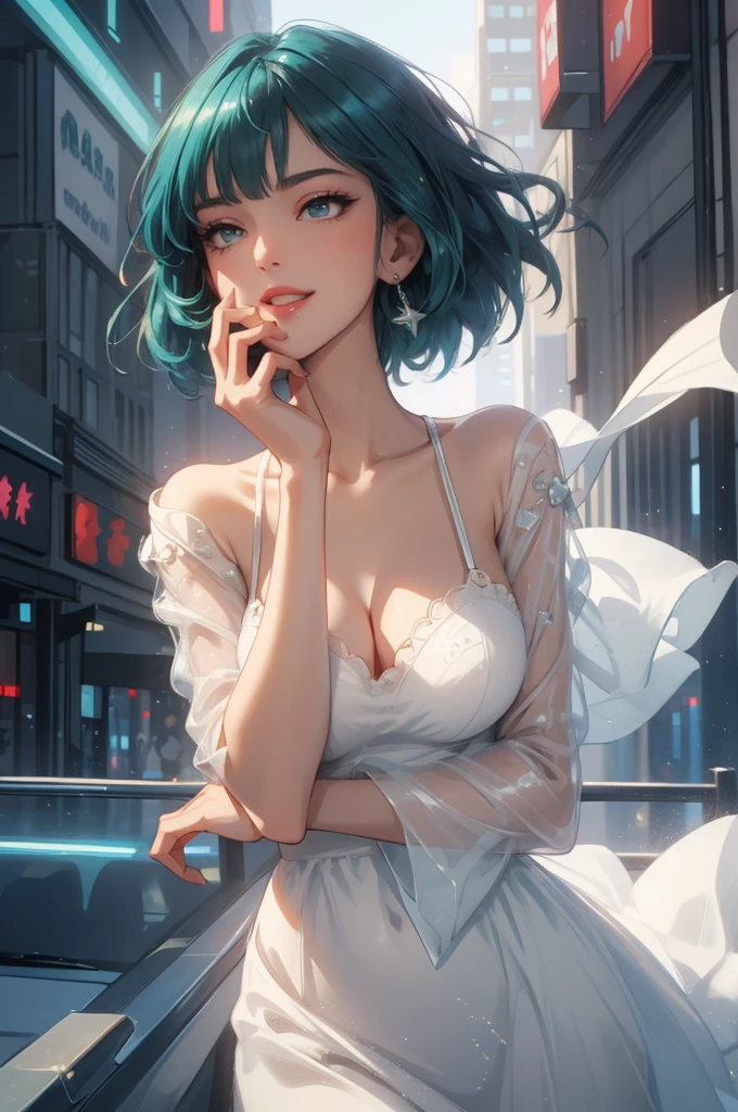 1girl,a beautiful fashion model ,(masterpiece, detailed background, best quality),short and shiny hair, blue green hair, hair with highlights, bangs, smirk,juicy lips,red lips, calmart, lingerie, stripping, elegant makeup, blue eyes, full body shot, (shiny skin), cyberpunk, sci fi, boa, extravagant jewelry, cocky expression, covered in jewelry, fancy, white dress, ((hand covering mouth, smug, discrete laughter)),