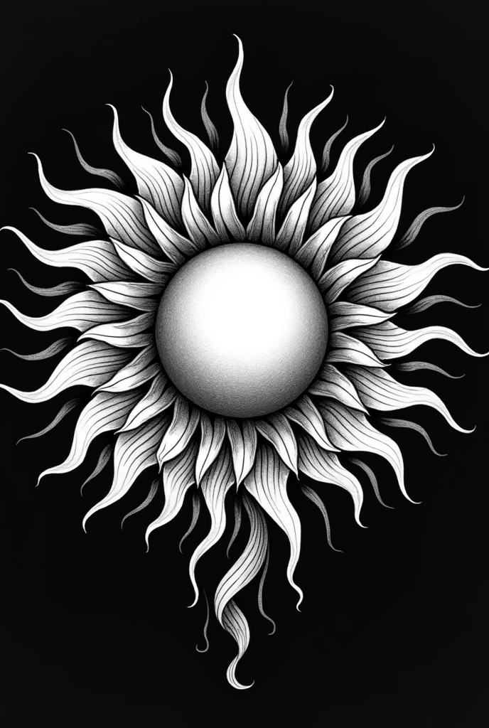 "Create a detailed tattoo style black colour sketch of the sun, but instead of the traditional circular rays, design the rays as intricate, blooming flowers. Each petal should be delicate and radiate outwards, forming the overall shape of the sun. The center of the sun should resemble the core of a stylish, with the petals serving as both rays and a floral pattern."