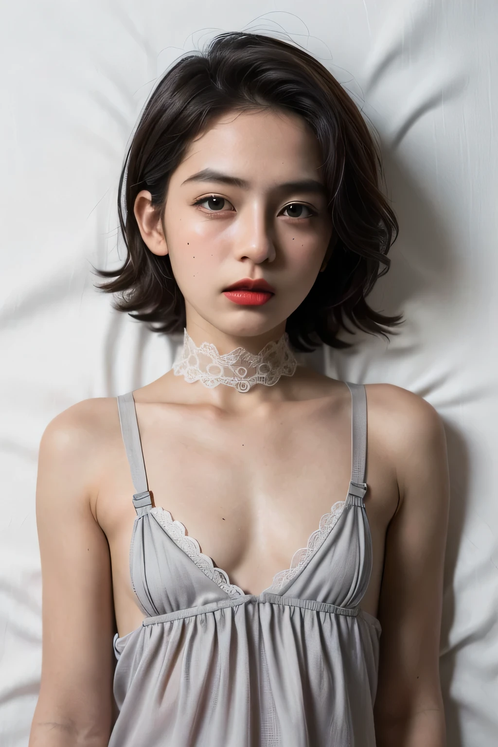 (((Naked Tiny Breasts))), Leopard pattern, ((4x-UltraSharp)), ((SMALL HEAD)), ((NECK LACE)), Spread, ((SLEEPING LIE DOWN FEMBOY)), (((SAD FACE EXPRESSION:1.1)), ((NECK LACE)), ((GOTHIC EYELASHES & LIPS)), ((LIPS)), ((MEN'S STYLE SHORTHAIRCUT)), adorable, 1 girl, (face to face), , baby face, happy, half body portrait, (face details: 1), (eye details: 1), ((tiny breasts)). ((Lace V-neck ice silk suspender nightdress)), ((net stockings)), lingerie ((red lips)), lie down (((LIGHT GREY NAKED)))