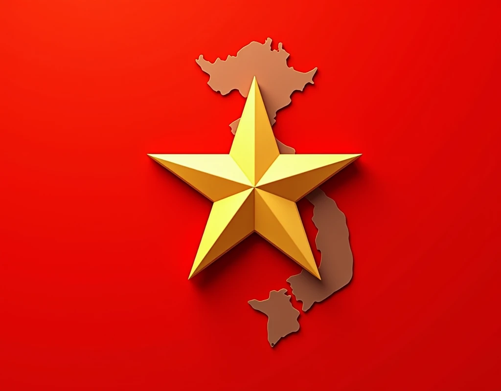 Vietnamese national flag combined with the map of Vietnam
I want it to be the national flag shape
Red background , sao vàng và bản đổ kết hợp với nhau sao cho nhỏ và hài hoà
Ngôi sao hình nổi còn bản đồ mờ và nhạt hơn
Ngôi sao kiểu 3d
Bản đồ tối giản hơn chút
Viền bản đồ màu trắng