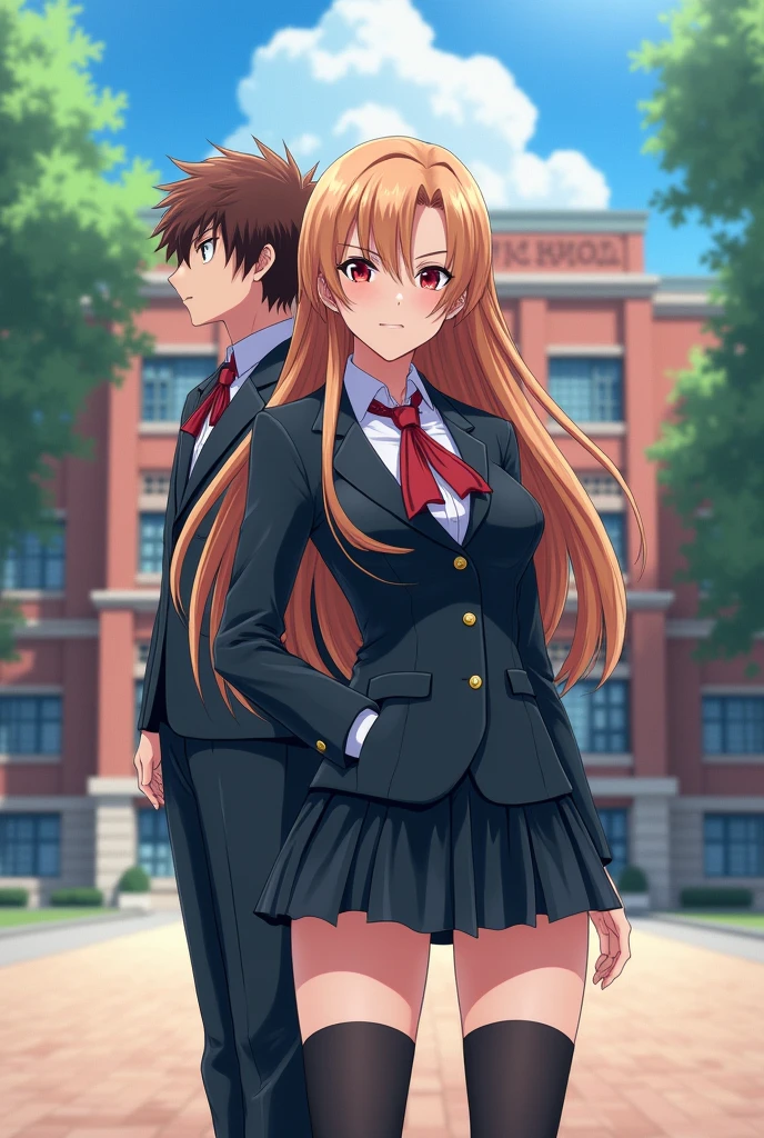 anime, A beautiful woman with sharp, dark red eyes and long, reddish blonde hair, not too tall, wearing the school uniform seen in the anime 'My Hero Academia', Currently standing in front of UA High School, the setting from the anime My Hero Academia, along with the guy named Bakugo Katsuki, a character in the anime Boku no Hero
