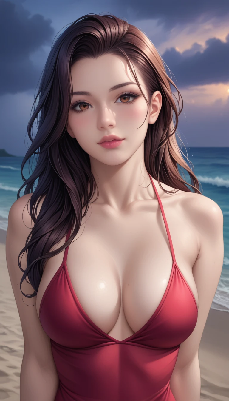 score_9, score_8_superior, score_7_superior, High-resolution CG illustration,A masterpiece in 32K resolution,Highest quality,it is really amazing,Very detailed,Ultra-high resolution,Ultra-realistic,Realistic,Increased depth of field,Cinematic lighting,
Sexy mature Japan woman,
Straight long hair with black hair,Showing his forehead,Ultra-detailed and beautiful face,Calm and gentle look,Beautiful brown eyes,Glossy, moisturized skin,Translucent white skin,Realistic skin texture,Great proportions,
Elegant red swimsuit,
Simple design,Chic color scheme based on red,Detailed fabric texture,
(Dark overcast sky on a dull night:1.1),(Dark clouds filling the sky:1.1),Thundercloud,Coastline at night,Stormy seas,delay々A desolate sandy beach that continues,
Beautiful cleavage,High angle,