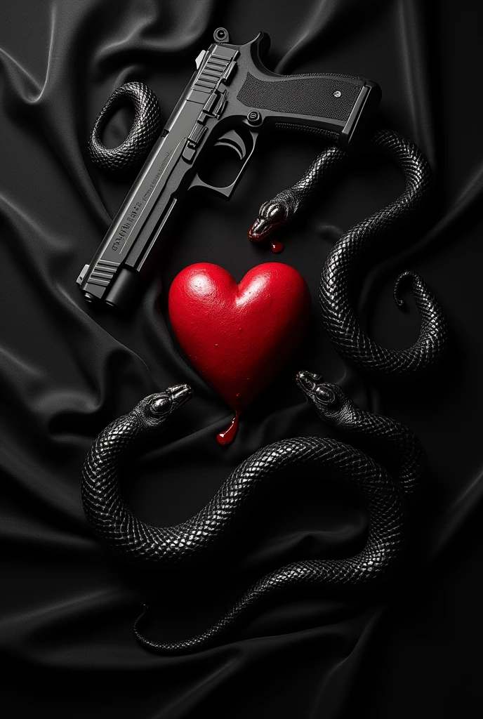 Crée moi une image qui me servira de couverture de livre. Une couverture assez dark, qui a pour objet un pistolet, un cœur en sang, de la soie.... Des objets qui font référence à de l'amour, de la trahison... Il ne faut pas qu'il y ai des humains sur l'image. J'aimerai comme couleur principale du Noir, Rouge, Avec pour titre Whispers in the shadow. J'aimerai aussi voir des serpents ???? venir sur les côtés en direction du cœur, la soie doit etre entièrement ???? avec des goute de sang. Ce livre parle de dark romance, de trahison, d'amour, et de mafia. J'aimerai que le pistolet soit un gun ????. 