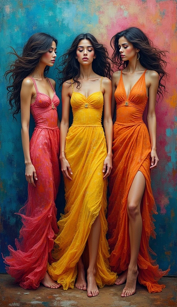 ((Palette knife oil painting with harmonious colors)), ((Beautiful three female angels brunette Latina goddess gowns, Gazing at each other)), ((whole body)), ((Hard dynamic poses)), A stunning face ,((Random dress tribal clothing print)), (((Tribal relics))), Intense storm and wind influence, Paul Klee style, A surreal masterpiece, Octane Rendering, concentrated, Colorful oil painting background, detailed, 複雑なdetailed, Rich colors, barefoot,