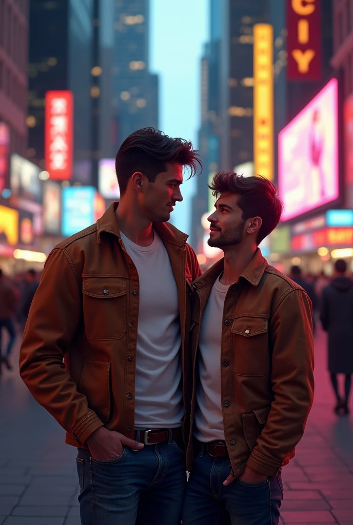 Create a teen gay couple with height differences looking infront with american style one of them skinny and the other bodybuilder in newyork