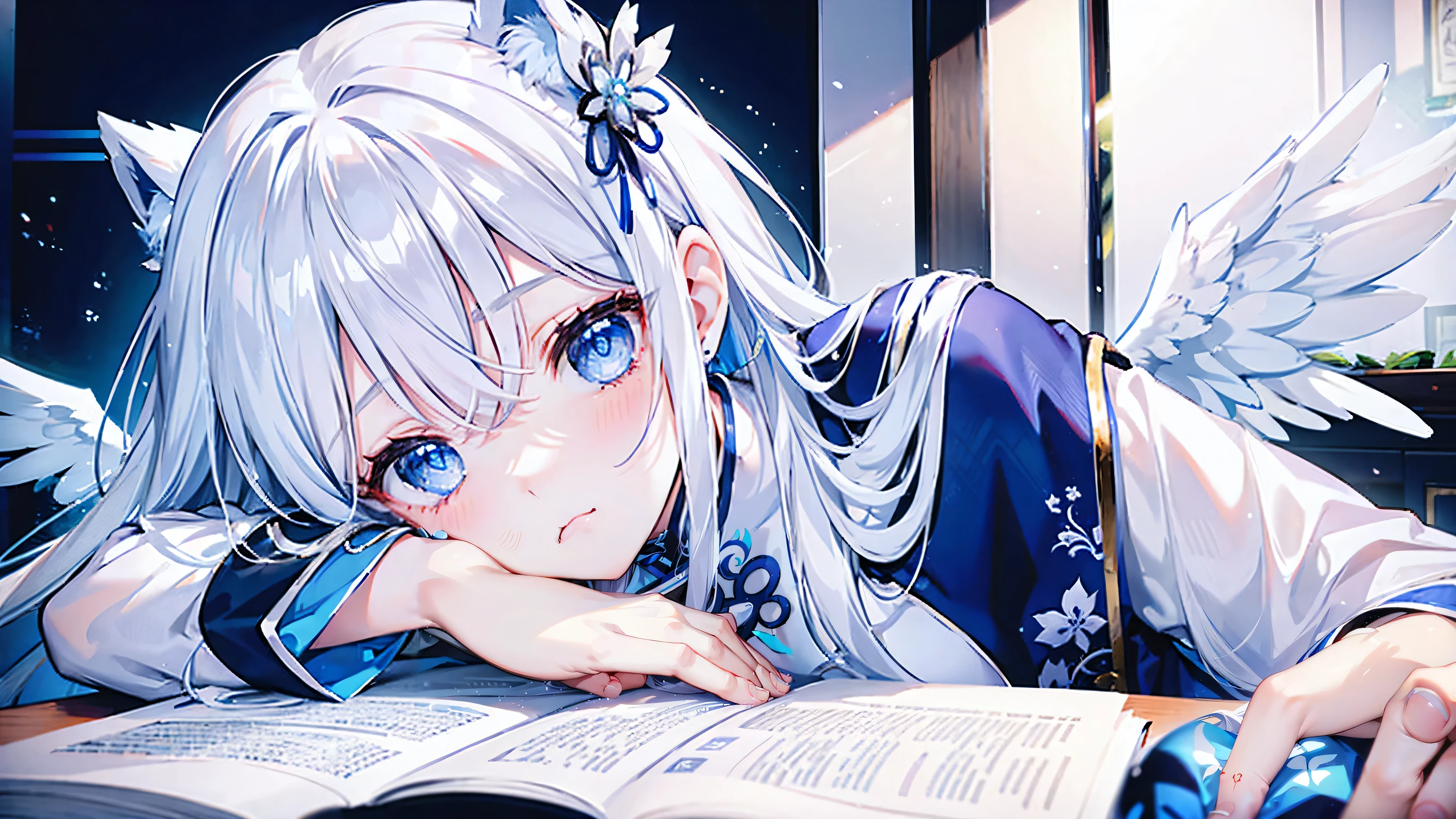 A girl with long white hair and blue eyes、19 years old、Angel wings on the back、A blue cheongsam、Resting my cheek on my hand at the desk.、Are depressed、Comical touch