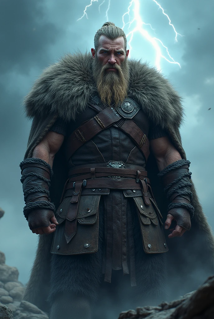 "Robusto y potente, The muscular old Viking stands in the middle of a stormy Nordic landscape.. Su rostro curtido refleja toda una vida de batallas., adornado con un largo, barba trenzada y ojos azules intensos. His imposing figure is wrapped in furs and leather armor., evoking a feeling of strength and resilience. Behind him, Lightning illuminates an epic scene., showcasing his fearless spirit and unwavering determination."