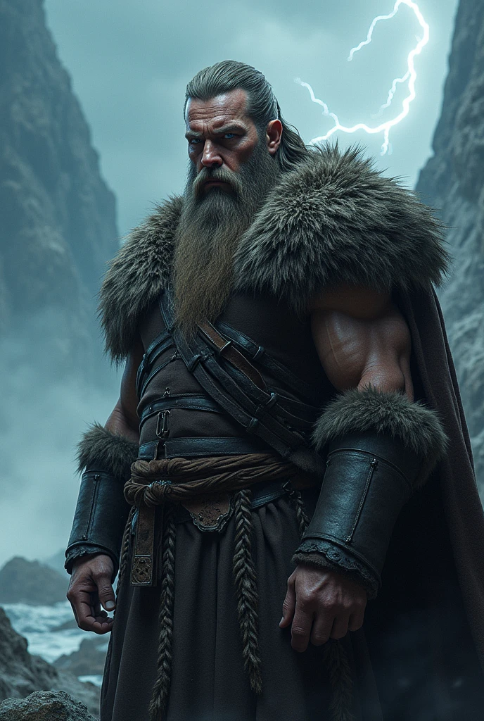 "Robusto y potente, The muscular old Viking stands in the middle of a stormy Nordic landscape.. Su rostro curtido refleja toda una vida de batallas., adornado con un largo, barba trenzada y ojos azules intensos. His imposing figure is wrapped in furs and leather armor., evoking a feeling of strength and resilience. Behind him, Lightning illuminates an epic scene., showcasing his fearless spirit and unwavering determination."