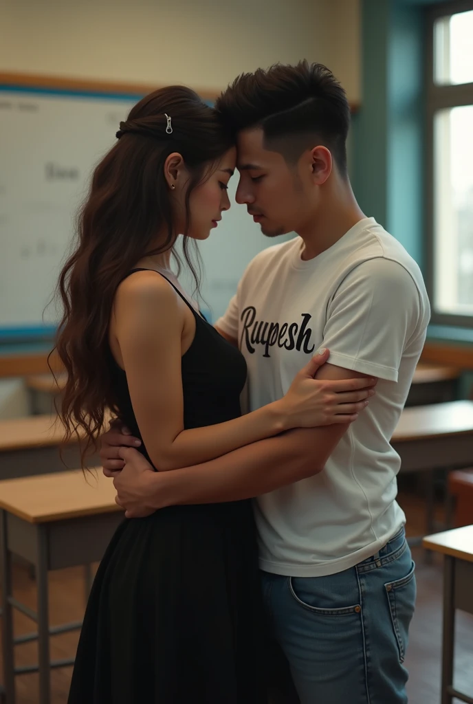 crete real image where A 24 year old boy wears black dress and a 23 year old girl wears white T-shirt and jeans. Lovely is written on the girl's t-shirt and Rupesh is written on the boys t-shirt. both are sex in the classroom