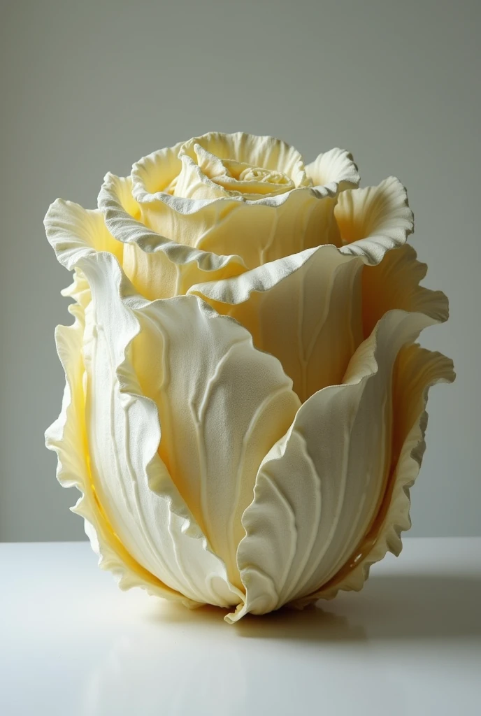 Create an image of a cabbage model crafted from fabric and candle wax. The model should feature a rounded core structure, covered with layers of white fabric that have been dipped in melted candle wax. The fabric pieces should resemble cabbage leaves: broad at the base and tapering to a point, with a crinkled and slightly textured appearance. The wax coating should give the leaves a glossy, somewhat translucent finish. The outer layers of leaves, transitioning to lighter towards the center. Section view of cabbage