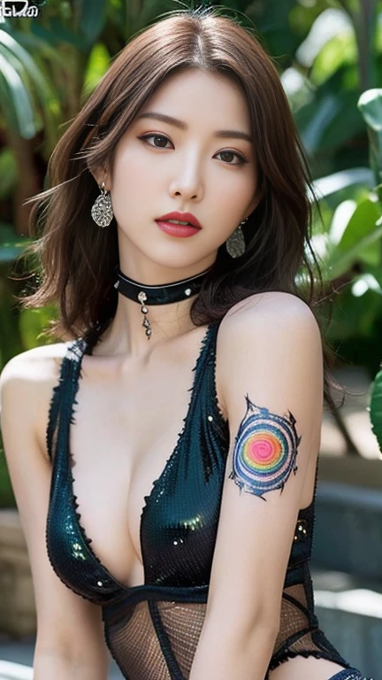 Anime-style woman, thin, thin, whole body, Full of tattoos, Lots of earrings, Beautiful and shiny hair, Rainbow Eyes, Slanted Eyes, Wavy Hair, Kind and charming, shoulderを露出させる, Delicate and sexy collarbone, Attractive oval face, double eyelid, Pink Lips, Small Nose, Concentrated face, Ultra-high resolution, Very detailed, Graceful posture, Nice, ultra-thin, See through, Metal Black Bishamon Helmet Mesh Tight Dress,(arm、shoulder、Tribal tattoo pattern body paint on chest),Glowing Skin, Realistic Background, sunlight,(From below:1.3),(Looking down, Display in viewer:1.3)