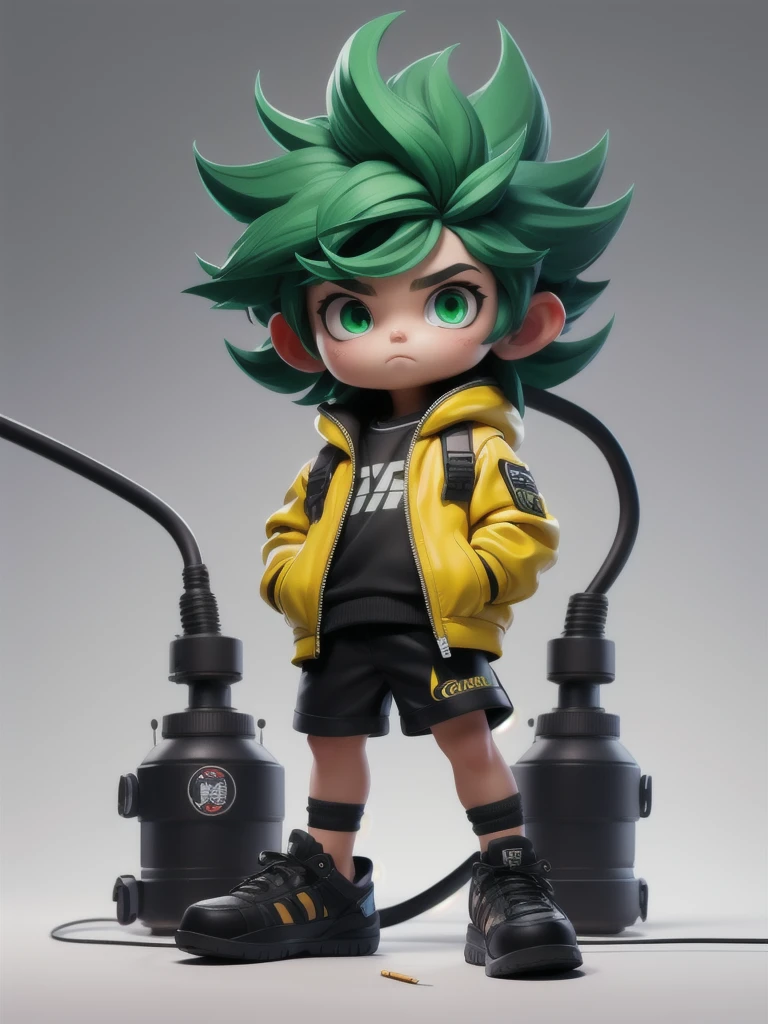 BJ_monster,一人in,Looking_in_Audience,green_eye,Simple_background,shirt,black_hair,One person,green_hair,Are standing,Jacket,full_body,male_concentrated,Multicolor_hair,shoes,Shorts,mask,black_Shorts,ring,spike_hair,black_background,cigarette,cable,yellow_Jacket,male_child,gas_mask,tube,respirinor,cineminic lighting,Strong contrast,High level of detail,Highest quality,masterpiece,White background,