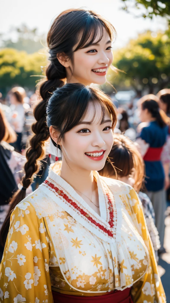 Highest quality, Realistic, 1people々of, woman,(Skin dentition), 胸of真ん中, (bright), (Professional Lighting, Bokeh), (street), people々々, crowd, Braided bangs, (blouse:1.5), (Portraiture:0.8), Nice, bloom, Floating Hair, (Dynamic pose:0.6) , Soft lighting, Big Breasts、kimono
