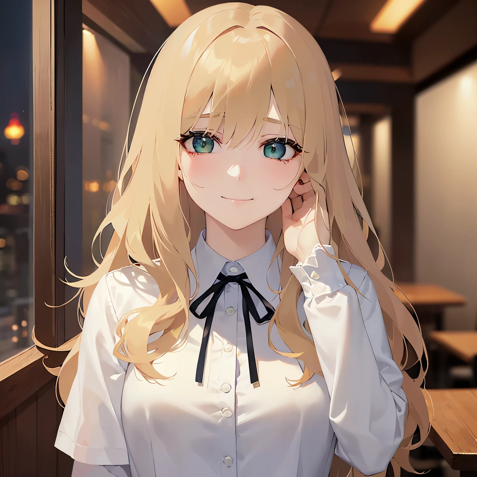 Shooting from below、hand on own face、Upper Body, Realistic, real person, (pale skin: 1.2), RAW photo, photorealistic, shiny skin, shiny hair、(A 25-year-old woman with medium-length hair and bangs) and (wavy hair) and (Blonde Hair) and (green eyes) , BREAK (white collared shirt) BREAK 、(Sad smile:1.5), The background is the interior of a restaurant at night.、Alone、Are standing
