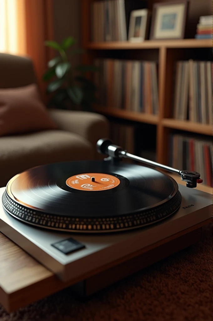 Create an image of a vinyl record playing in the 80s