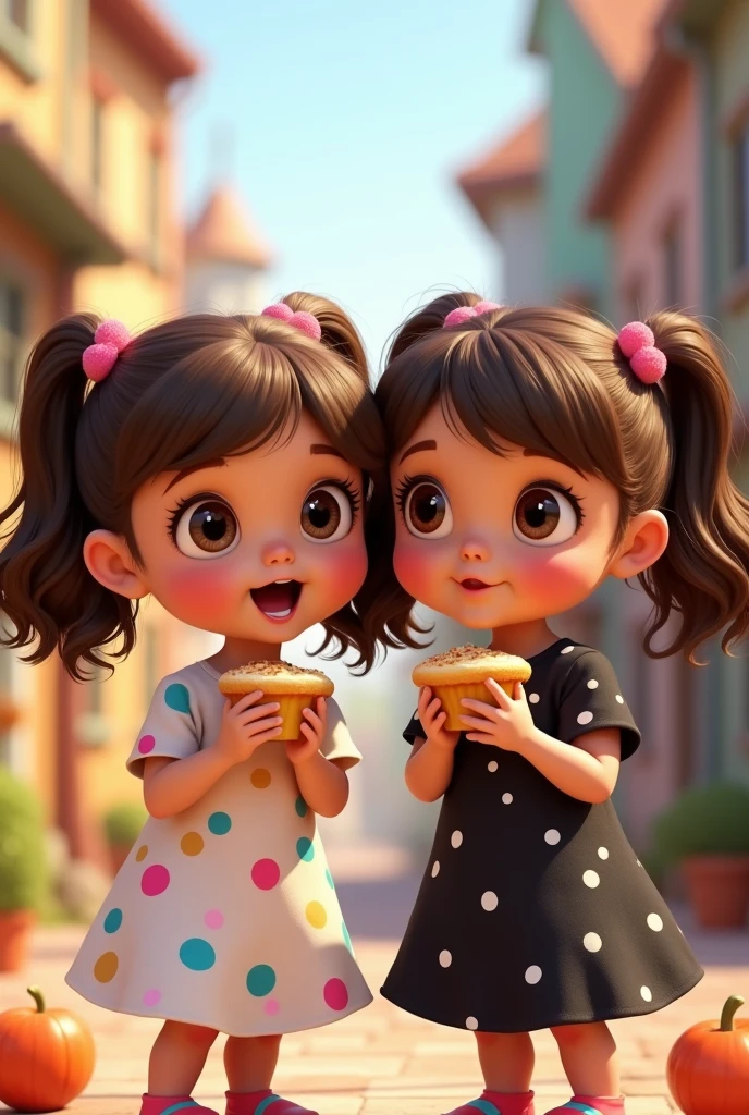 Two identical twin girls with brown pigtails, one wearing a white dress with pastel rainbow polka dots and the other is wearing a black dress with white polka dots and they are having a snack, Disney/ Pixar style and they have brown eyes