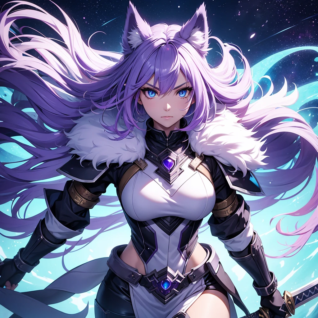 female wolf, purple hair and white fur, shiny blue eyes, dark armor, cosmic powers, sword
