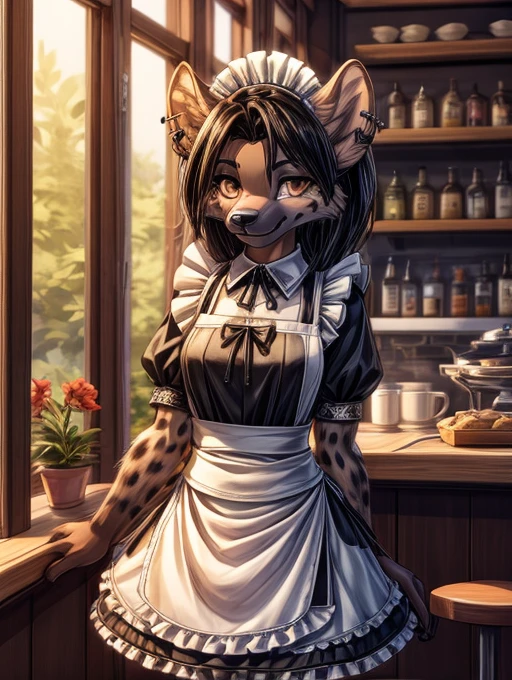 a female anthro furry hyena girl, black hair, hyena spots, black hands and feet, brown eyes, high definition_detail:1, showing off her beautiful figure and her outfit. (Maid navel blouse, maid mini skirt)sweaty body add_details:1, smiling add_detailsl:1, ear piercing add_detail:1, beautiful and detaileds hands, fullbody, in a coffeshop