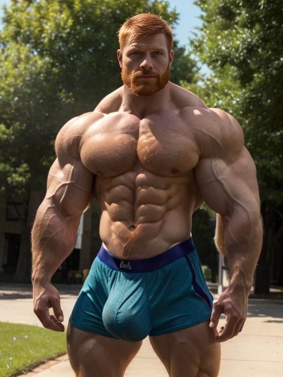 (ginger:1.2), realistic, park, young, sunny day, Ginger-haired male figure with well-defined, hyper-realistic musculature (muscle definition:1.4). Chest and abdominal muscles appear toned and chiseled, with visible fibers and striations (chest muscles:1.6). Skin has a lifelike, organic texture with subtle imperfections (skin realism:1.5)., rippling chest, short shorts, (big male package:1.5), (hung:1.9), (big male bulge:1.6), Clark, 