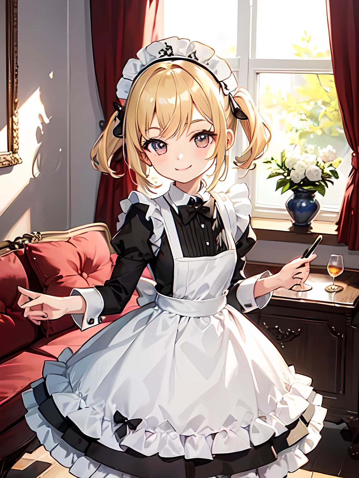 (chibi),solo, upperbody, blonde, tripletail hairstyle, gal, 18 years old, maid costume, elegant, wealthy house, interior, furniture, smile,