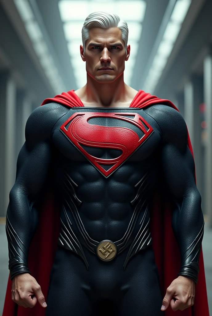 A modern, stylish Superman with a Nazi aesthetic, sporting a short, sleek white hairstyle, a masculine look, a red eagle logo on his chest, and a Nazi logo on his belt.