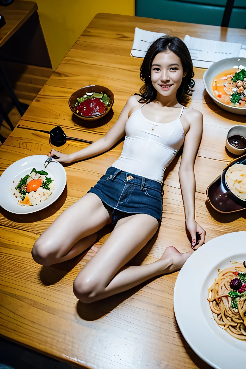 Masterpiece, best quality, beauty and aesthetics,(realistic:1.hotorealistic,ultra skin,{skirt|bodysuit,long jeans},Clear and bright eyes,1girl,minigirl,slim body,smile,small breasts,slim legs,flat chests,correct anatomy,many plate,dynamic pose,A girl {lying|staning|sitting|kneeling} in a {plate|bowl}, od|noodles| cream| fruits| vegetables|nuts| soup), full body,a large table,knife, fork,shot from {above|front},wide-angle photography,realistic,realhands