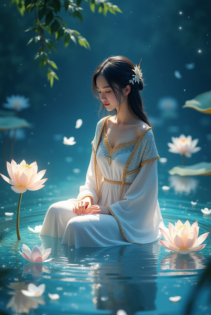 In the wind, in a small pool of water that is as clear as a mirror, of the night stars, blowing small white flower petals in the air. A full-body picture of a beautiful, sweet-faced young woman, 25 years old, wearing a white Thai dress with blue and gold sparkles, a white and gold sarong, a blue and gold sparkling shoulder cloth, long black hair, tied loosely, sitting in that pool of water. The scene is beautiful like a dream, a small orange lotus pond with a bright, shimmering light. Three-dimensional picture, oil painting, sharp picture.