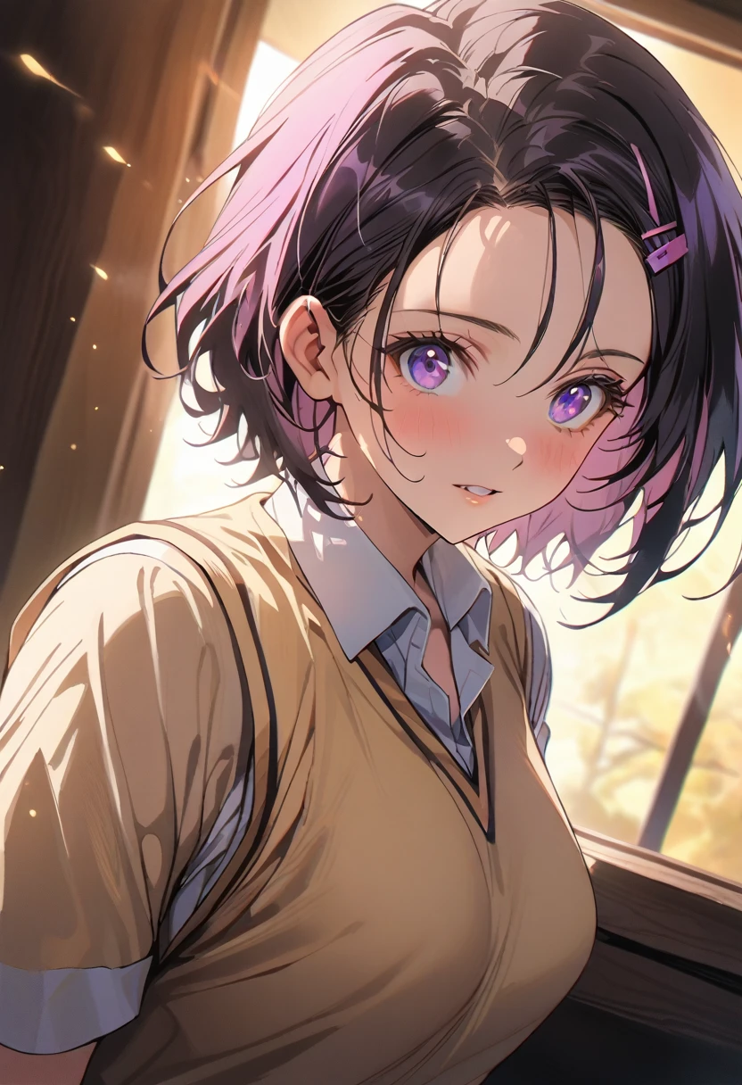 1 girl, alone,haruna sairenji, hair ornament, hairclip,red color,break, purple eyes, purple hair, short hair, swept bangs, (forehead:1.3), hair accessories,Green plaid skirt, Sainan high school uniform, , White shirt, Yellow sweater vest,full_body,,perfect eyes, perfect face, perfect lighting,explicit,nsfw,anime moe artstyle,,masterpiece, best quality, absurdres,hyperrealistic,newest,