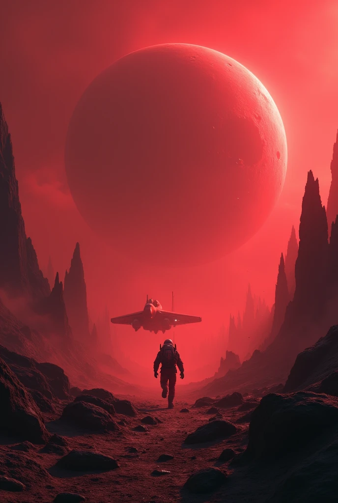 The spacecraft approaches the planet with a thick, crimson atmosphere and an eerie landscape..
The astronaut ran towards the spaceship while sending an emergency message..