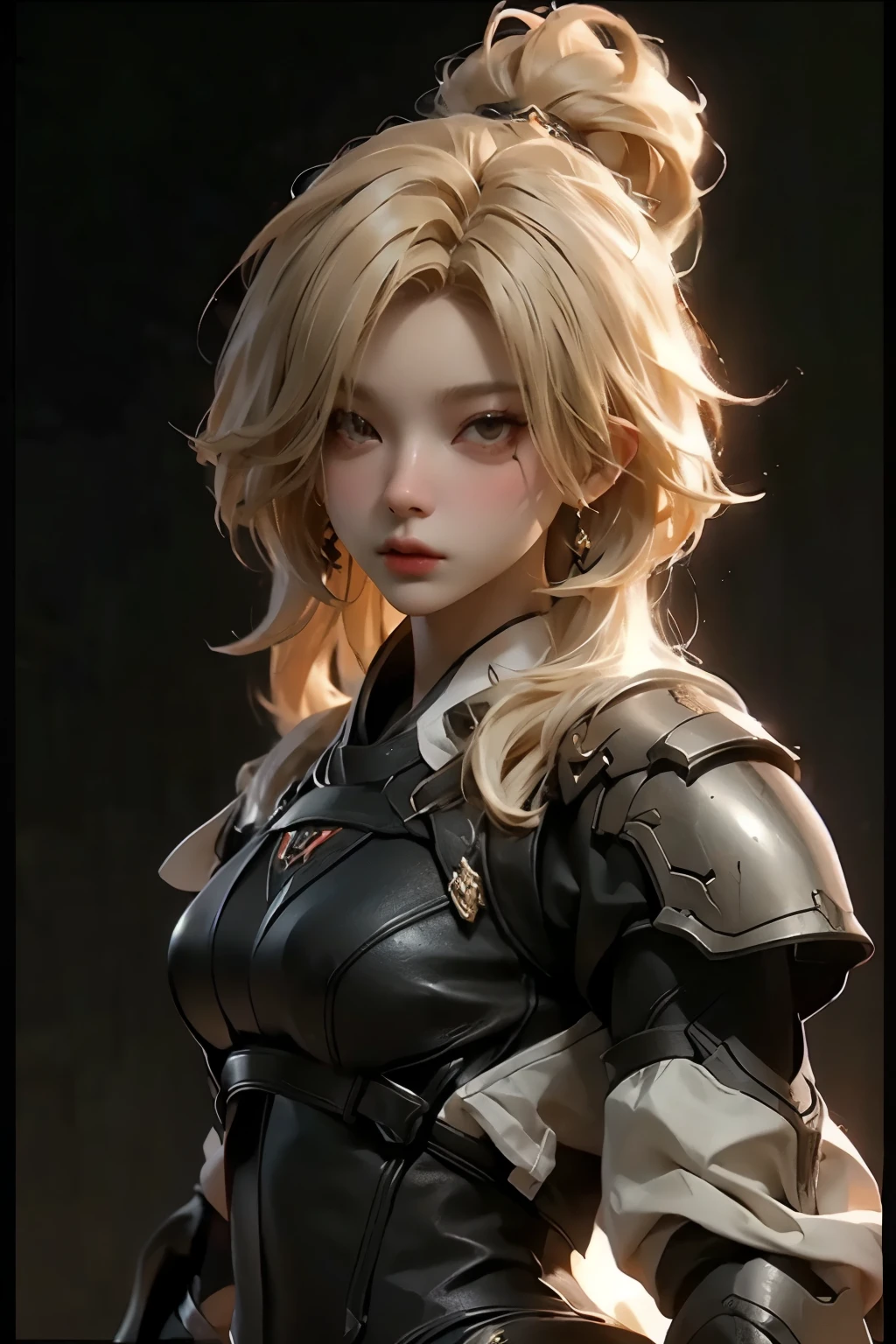 ((best quality)), ((Masterpiece)), (details:1.4), 3d, HDR (high dynamic range), amature woman, SLEEK Style, Blonde hair, Red eyes, จมูกโด่ง, ปากแดง, หน้าอกใหญ่, nvidia RTX, PBR surface, After processing, Anisotropic filtration,depth of field, Maximum clarity and clarity, multi-layered surface, Subsurface scattering, perfect proportions, 8K raw files, ความละเอียดสุดยอด, Unreal 5, Perfect proportions, Octane Render, Two-tone lighting, Wide aperture, High ISO, รายละเอียดดวงตา, Holy Knight, Heavy Black armor, jewely, ต่างหู