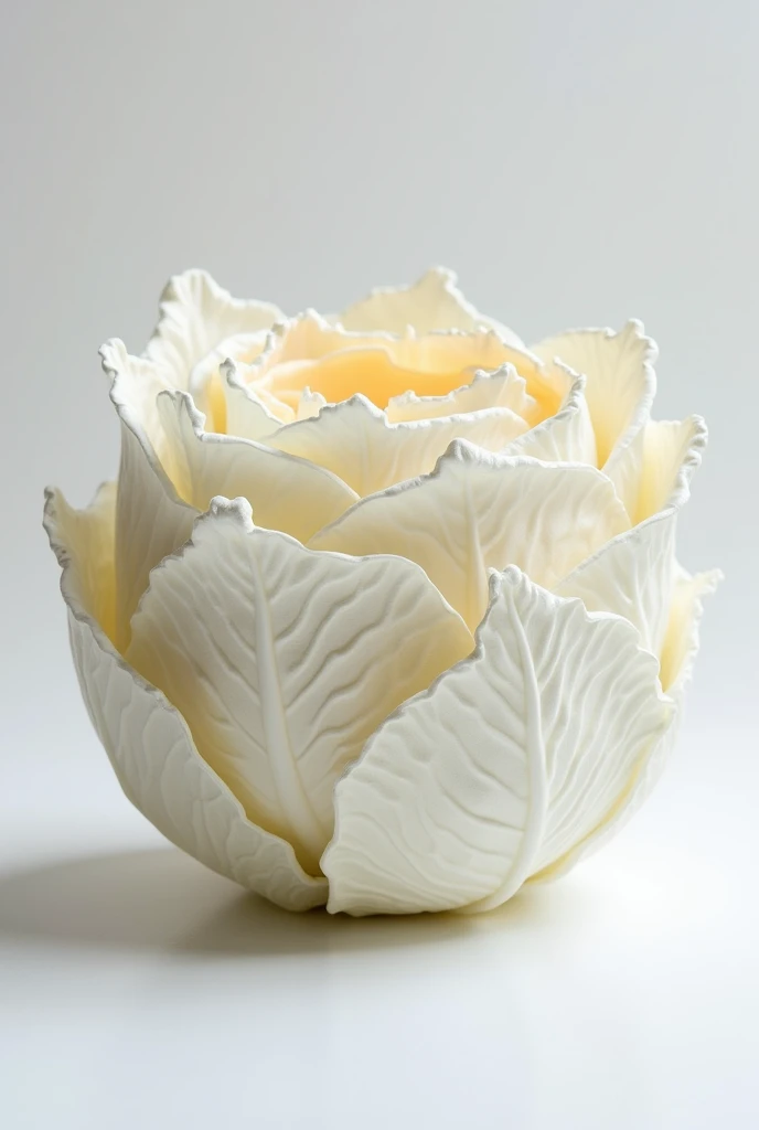 Create an image of a half cut from centercabbage model(section view) crafted from fabric and candle wax. The model should feature a rounded core structure, covered with layers of white fabric that have been dipped in melted candle wax. The fabric pieces should resemble cabbage leaves: broad at the base and tapering to a point, with a crinkled and slightly textured appearance. The wax coating should give the leaves a glossy, somewhat translucent finish. The outer layers of leaves, transitioning to lighter towards the center.