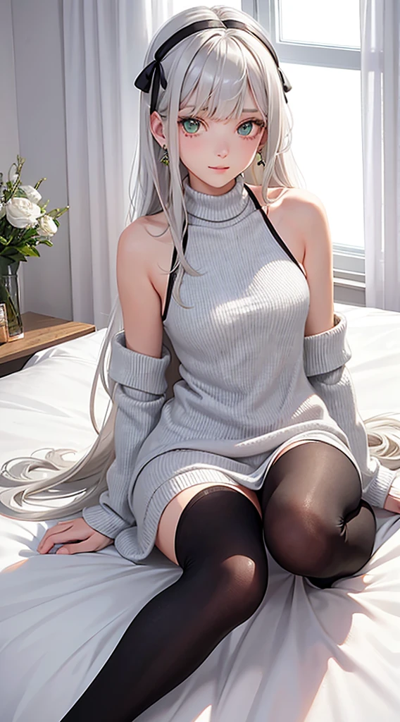 Character Details:, - Gender: 1 Girl.
- Style: Anime, - Body Type: Attractive body, nice body, nice legs, slim tights, nice arms, nice shoulders. - Breast: (medium Breast:1.2)- Facial Feature: Beautiful, Gorgeous, Teenager, Fresh, Young.
- Expression: Small smile, Confident Look, emerald green eyes. - Hairstyle: Blunt Bangs. - Hair Color: (White Grey Hair:1.5), (Straight and Wavy Long Hair:1.3),
- Clothing: (Girly Warm White Sweater, Open Sleeves, Can see shoulder:1.6, Girly Stocking.). - Body Pose: (Sitting on bed:1.3), (Hands down).. - Behaviour: Waiting, Want Something, Secretly.
- Accessories: Earrings, thin Black Headband, Green Hair Accessories, Environmental Details:, - Setting: Bed Room., - Lighting: Natural Light., - Decoration: Modern Bed, Chair, Window, White Curtain, City View. Top view. pov, anime style, UHD, retina, masterpiece, accurate, anatomically correct, textured skin.