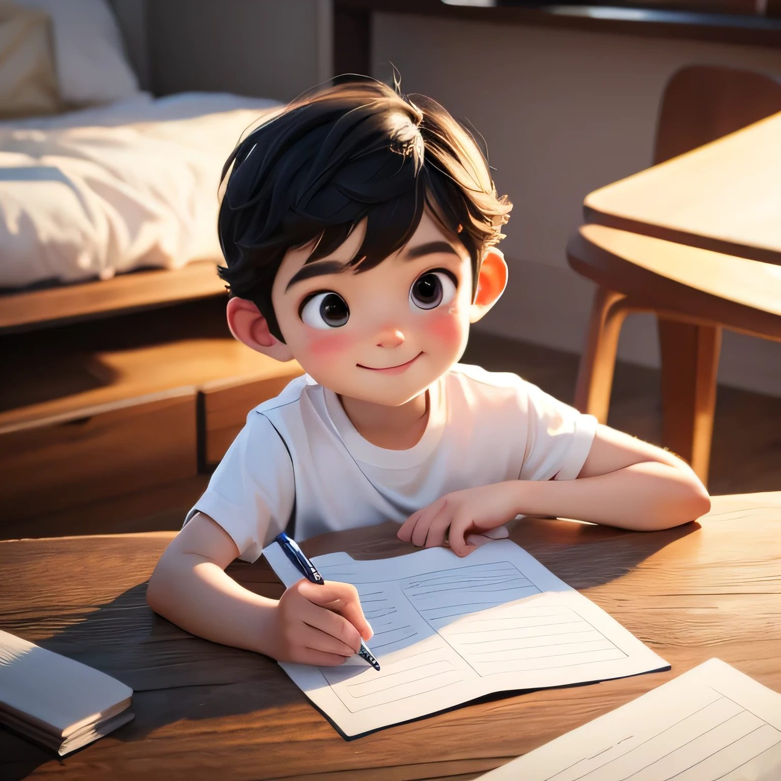 Cute 3D rendering style,Tide play style，The boy who is writing，Pen in one hand，The other hand is holding a piece of paper.，Wearing a white T-shirt，Black hair，Black eyes，Wear shoes，Happy expression，8K quality，high quality，Soften Tone，Repair face and hands