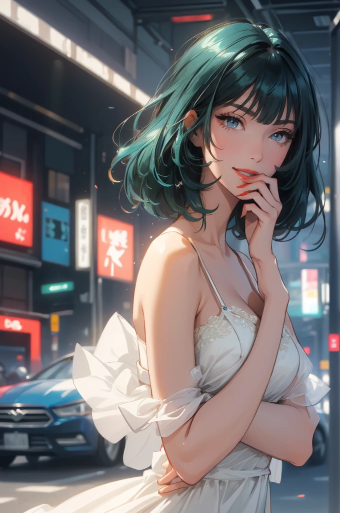 1girl,a beautiful fashion model ,(masterpiece, detailed background, best quality),short and shiny hair, blue green hair, hair with highlights, bangs, smirk,juicy lips,red lips, calmart, lingerie, stripping, elegant makeup, blue eyes, full body shot, (shiny skin), cyberpunk, sci fi, boa, extravagant jewelry, cocky expression, covered in jewelry, fancy, white dress, ((hand covering mouth, smug, discrete laughter)),