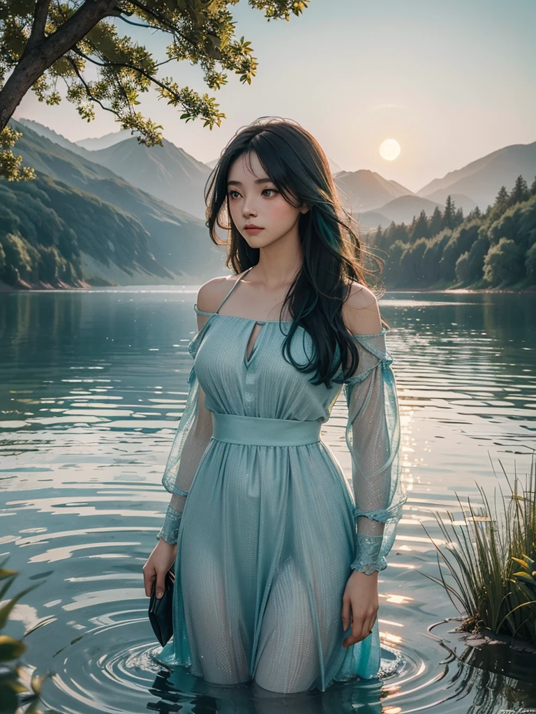 A beautiful girl standing near a serene lake .The scene is bathed in cold, golden hues as the sun sets behind the distant hills, casting a soft glow over the water. The girl has long, flowing hair that catches the light, and she wears a simple, elegant peacock theme black dress with blue and green highlights that flows gently in the breeze. The lake's surface reflects the vibrant colors of the sky, and there are gentle ripples on the water. In the background, there are lush trees and a few scattered wildflowers along the shore, adding to the natural beauty of the scene. A dark background and brightfull moon. Girl has black hair with green and blue highlights