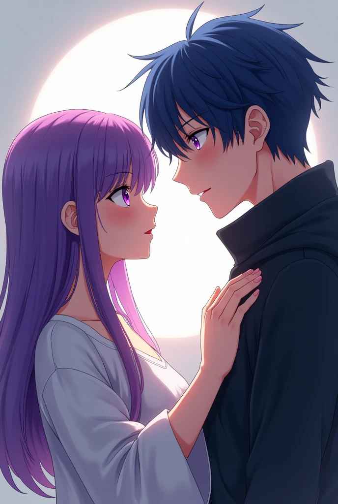 Girl with purple hair and purple eyes, but with bangs on her forehead and looking youthful, if that's perfect. I want her hair to be straight, not wavy, that's fine. I just want to see her full body, long hair, along with a man with dark blue hair and dark blue eyes, but looking at each other face-to-face. 