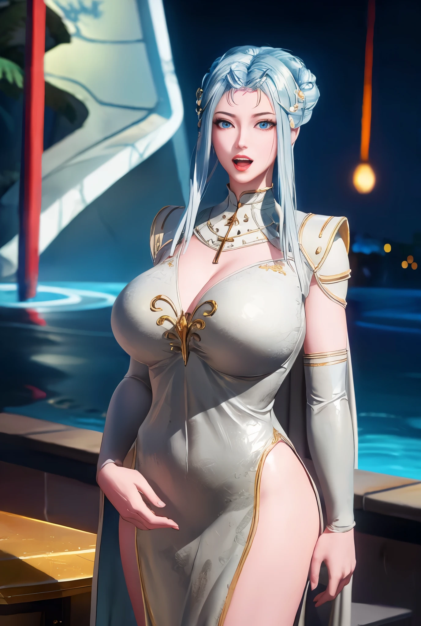 masterpiece,beautiful light ,Soul Land_Tang Yue Hua ,Tang Yue Hua tight uniform ,best quality, gigantic breasts,muscle,at night,arbitrary location, looking at viewer, cowboy shot,silver golden hair, Open mouth, white teeth, One hand supports the chest, curvy, blue eyes,pink cheeks,shiny suit, half naked
