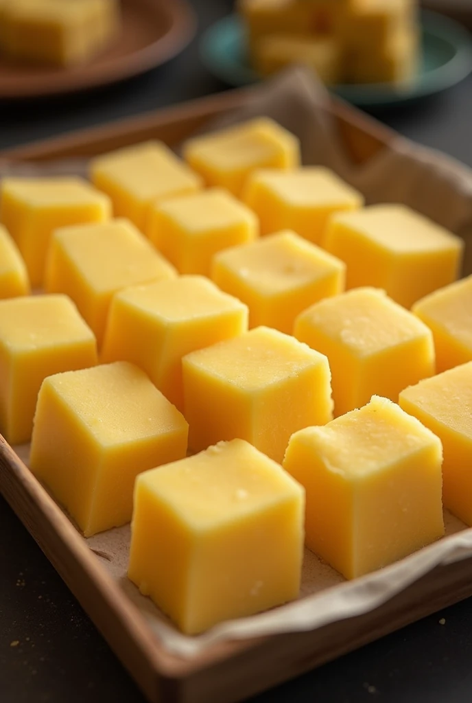 Plain khoya burfi of ludhiana in square shape but less height all pieces adjacent and joined to each other zoomed out image in a tray in a shop. Same length and width from top and bottom like a cube but height is half the length. Make the height of the product dimensions minimal. It should be light yellow color