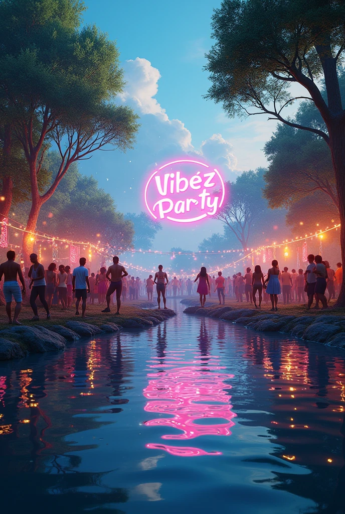 Create a party picture by the lake with the title (Vibez Party events)